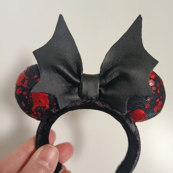 Custom Made Disney Style Ears Labubu Metallic Blood Splatter With Bat Bow - Picture 5 of 5